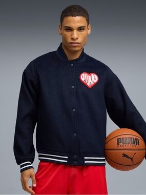 Puma Hooperhotline Men Medium Varsity Reversible Snap Button Jacket Navy Blue M